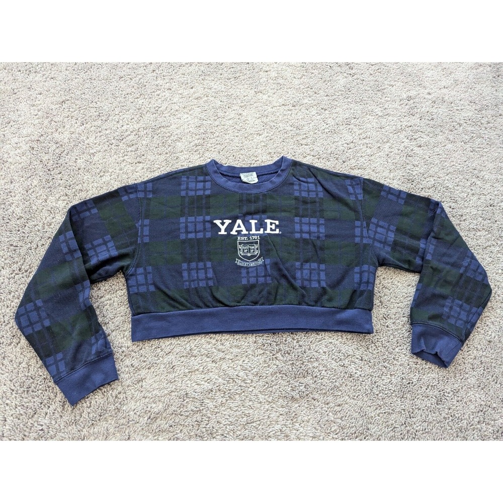 Yale‎ University Sweater Women's Large Pullover Cropped Blue Plaid